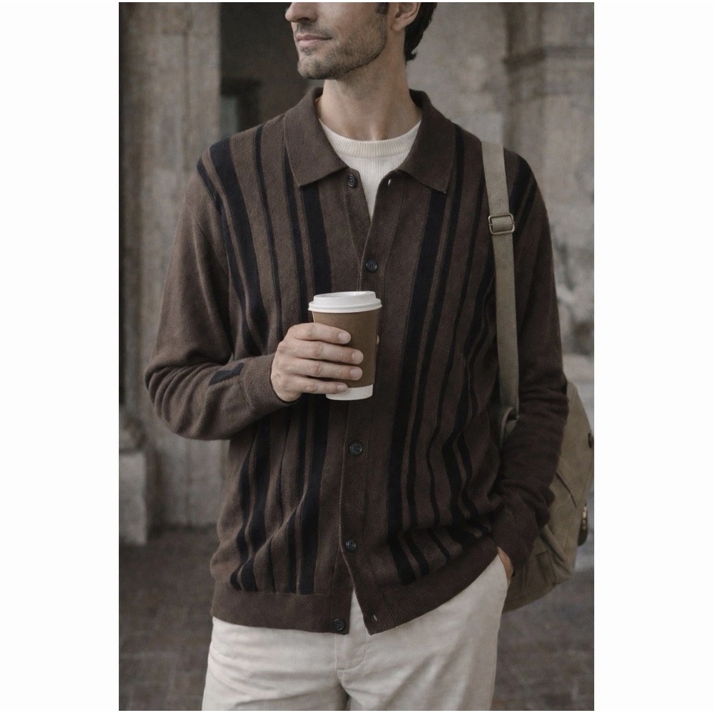 Christian Lacroix Polo Cardigan Sweater Mens M Espresso Brown Striped Old Money